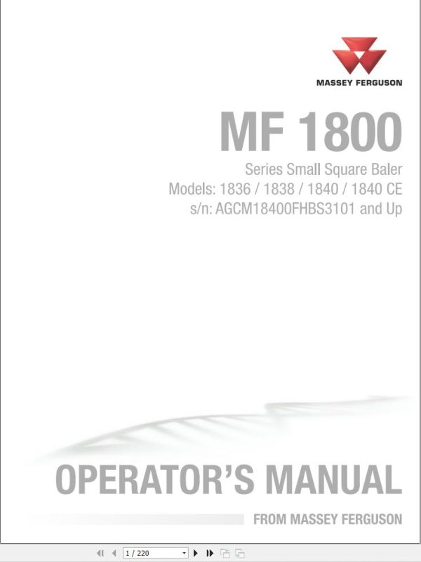 Massey Ferguson Baler 1836 1838 1840 1840CE Operator Manual 700741544D 1