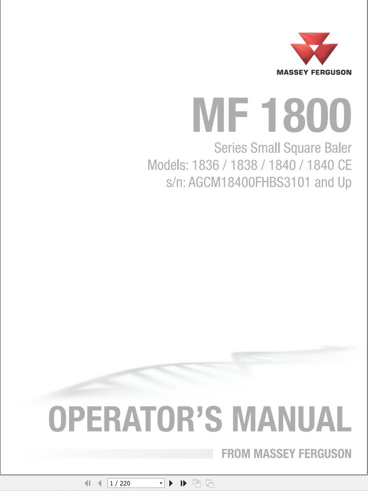 Massey Ferguson Baler 1836 1838 1840 1840CE Operator Manual 700741544D 1