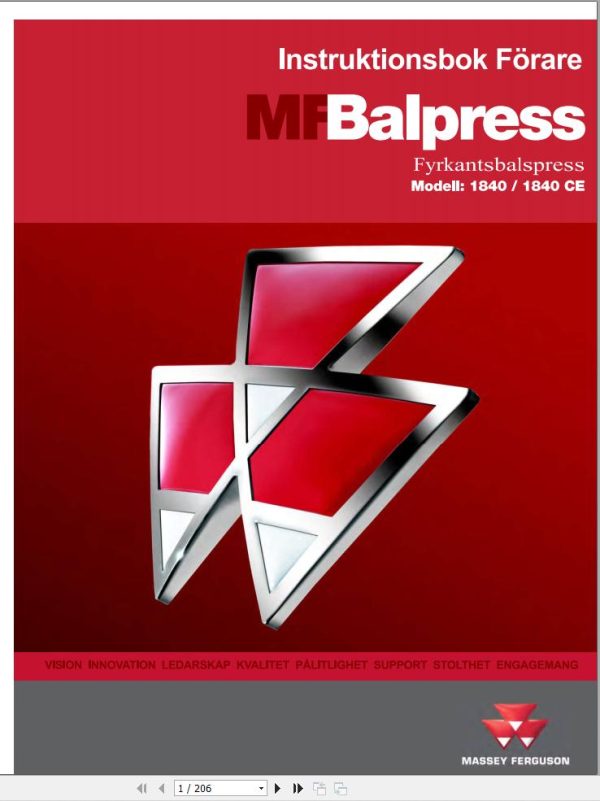 Massey Ferguson Baler 1840 1840CE Operator Manual 79035881A SV 1