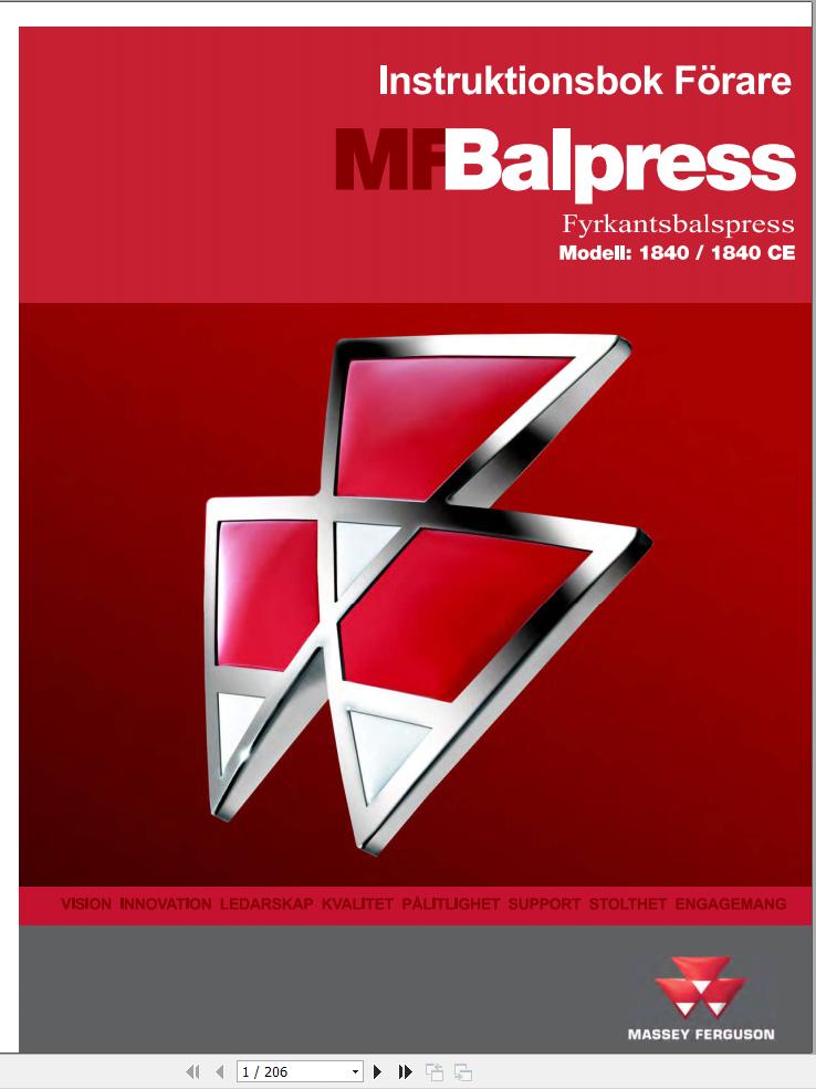 Massey Ferguson Baler 1840 1840CE Operator Manual 79035881A SV 1