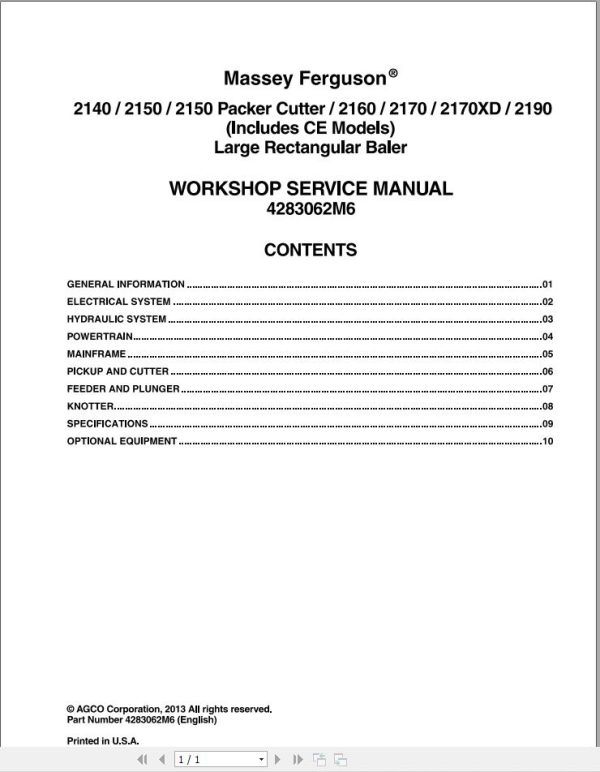 Massey Ferguson Baler 2140 to 2190 Workshop Service Manual 4283062M6 1