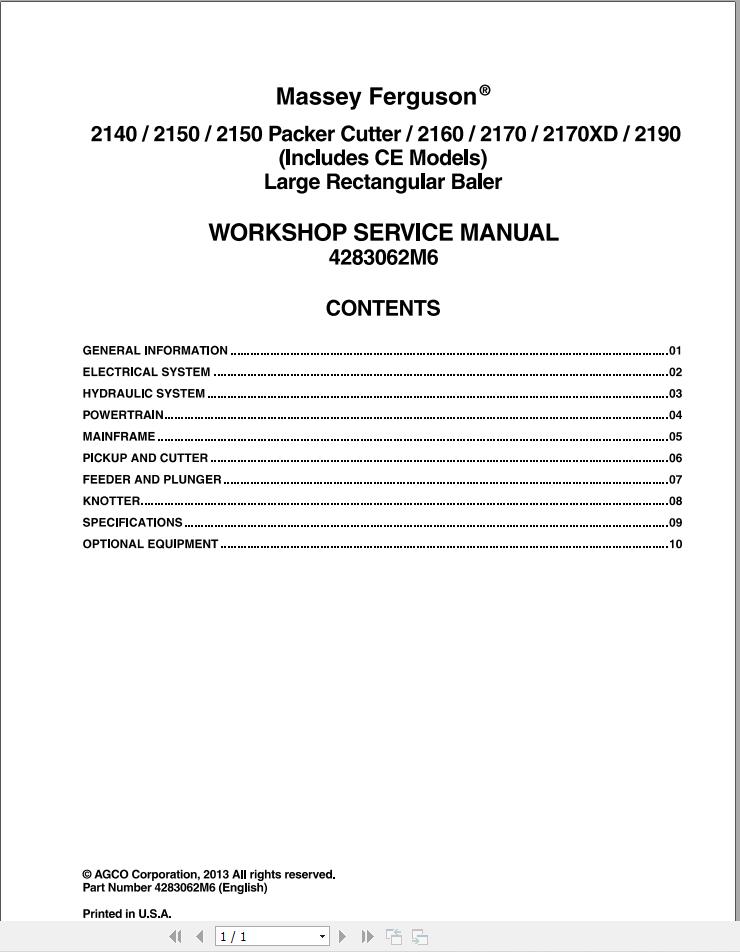 Massey Ferguson Baler 2140 to 2190 Workshop Service Manual 4283062M6 1