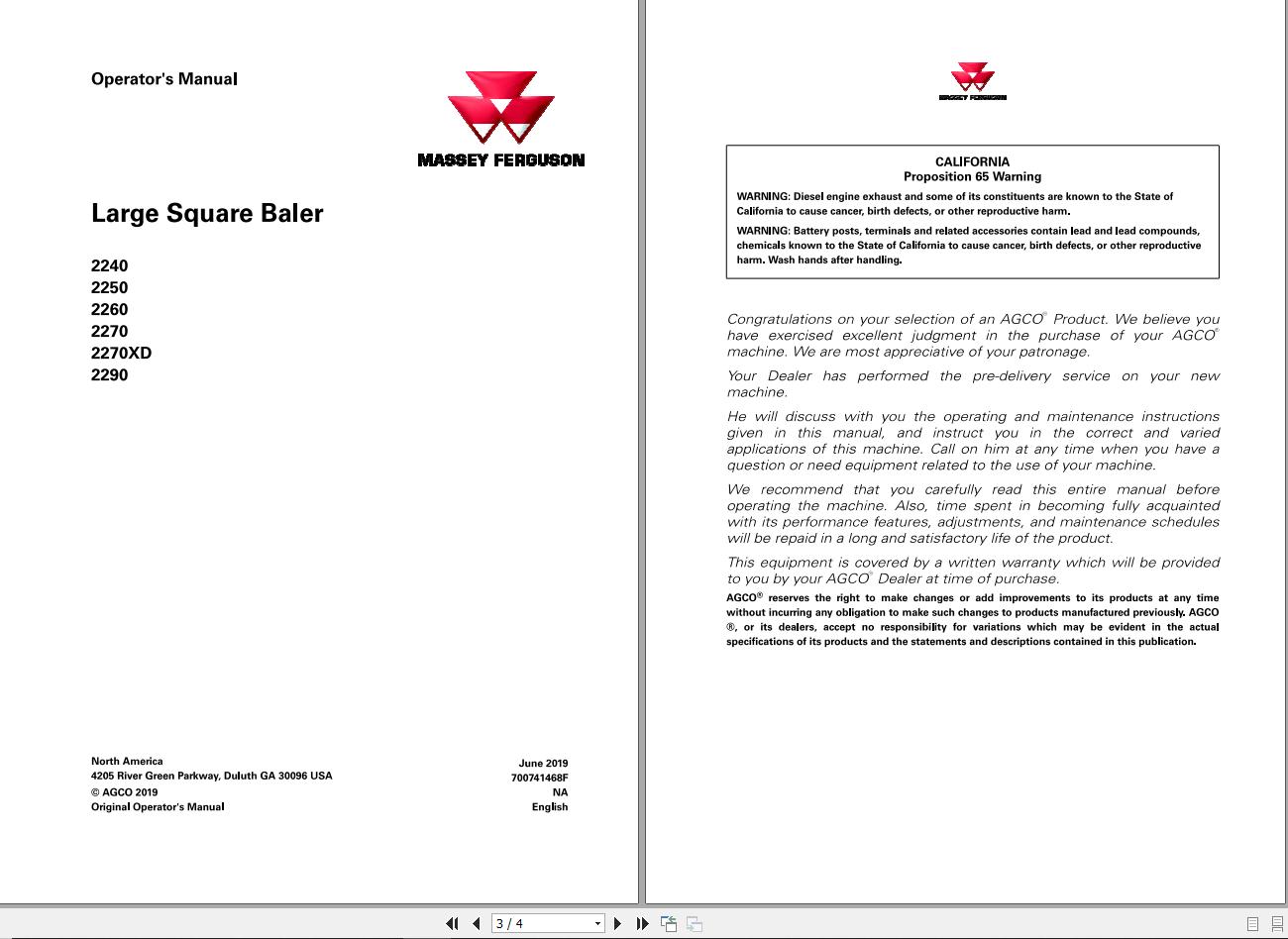 Massey Ferguson Baler 2240 to 2290 Operator Manual 700741468F 1
