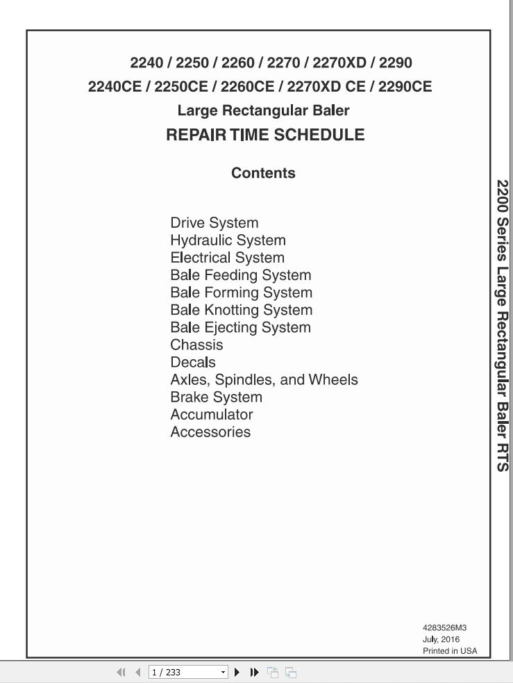 Massey Ferguson Baler 2240 to 2290CE Repair Time Schedule 4283526M3 1