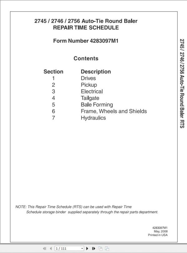 Massey Ferguson Baler 2745 2746 2756 Repair Time Schedule 4283097M1 1