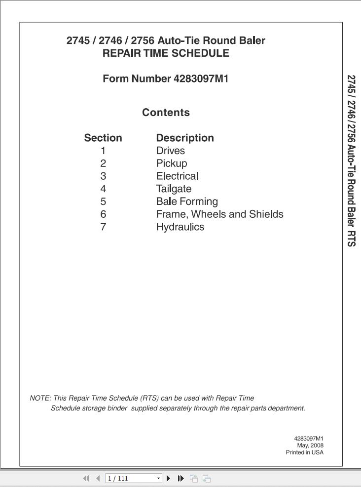 Massey Ferguson Baler 2745 2746 2756 Repair Time Schedule 4283097M1 1