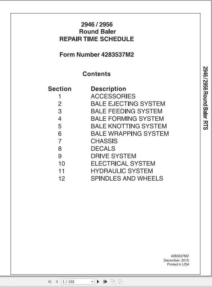Massey Ferguson Baler 2946 2956A Repair Time Schedule 4283537M2 1
