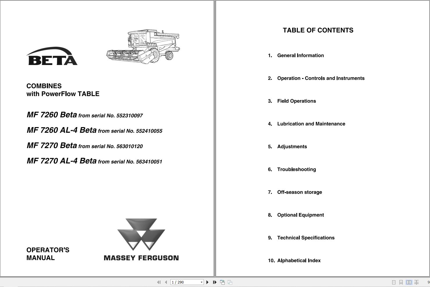 Massey Ferguson Combine 7260Beta to 7270AL 4 Beta Operator Manual 327176017 1