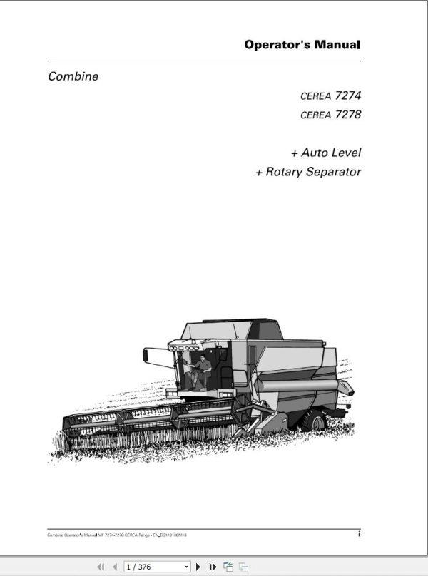 Massey Ferguson Combine 7274 7278 CEREA Operator Manual D3110100M10 1