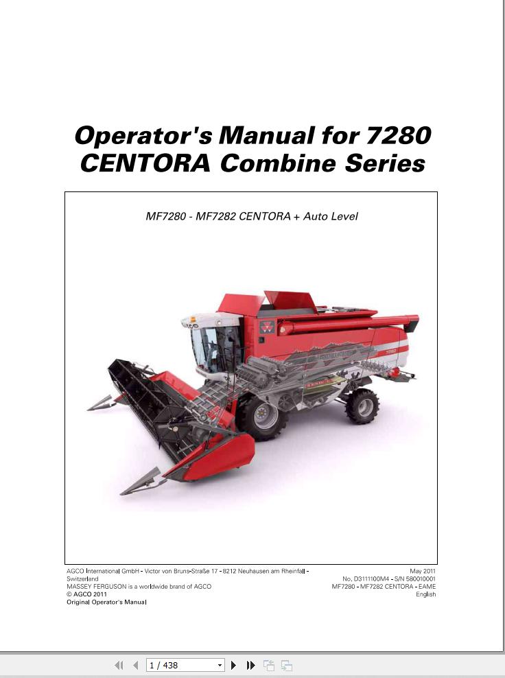 Massey Ferguson Combine 7280 7282 CENTORA Operator Manual 1