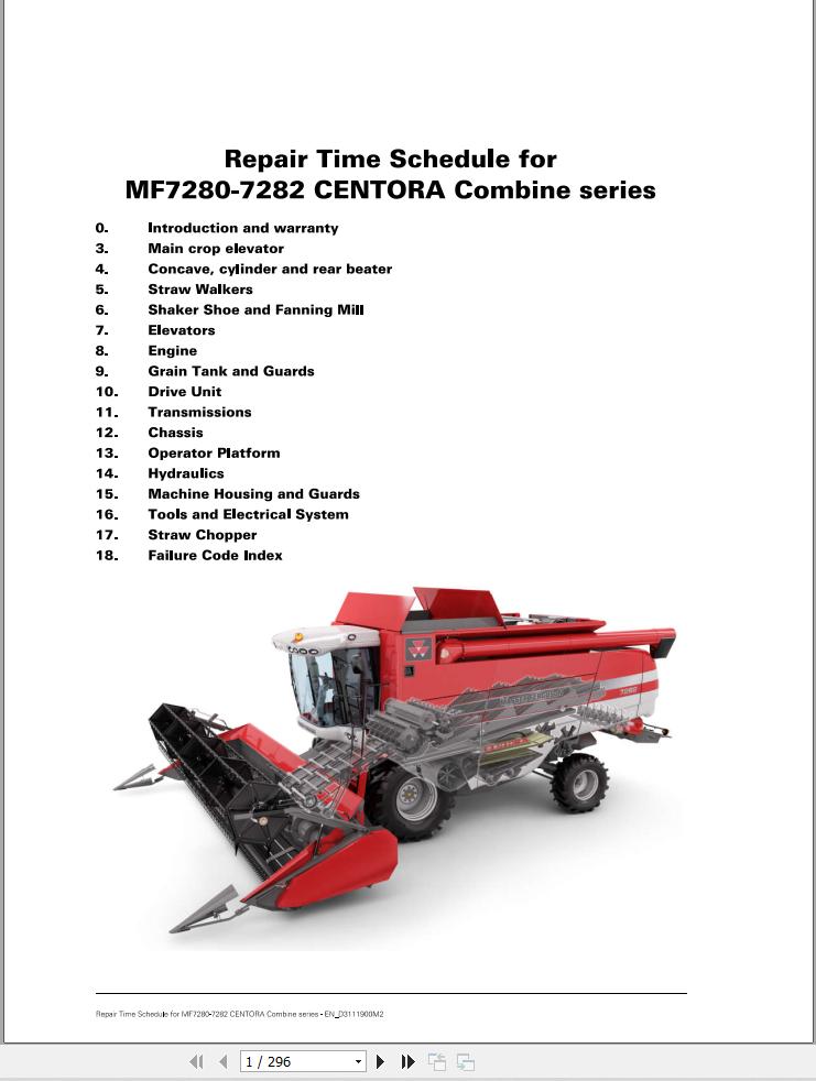 Massey Ferguson Combine 7280 7282 CENTORA Repair Time Schedule D3111900M2 1