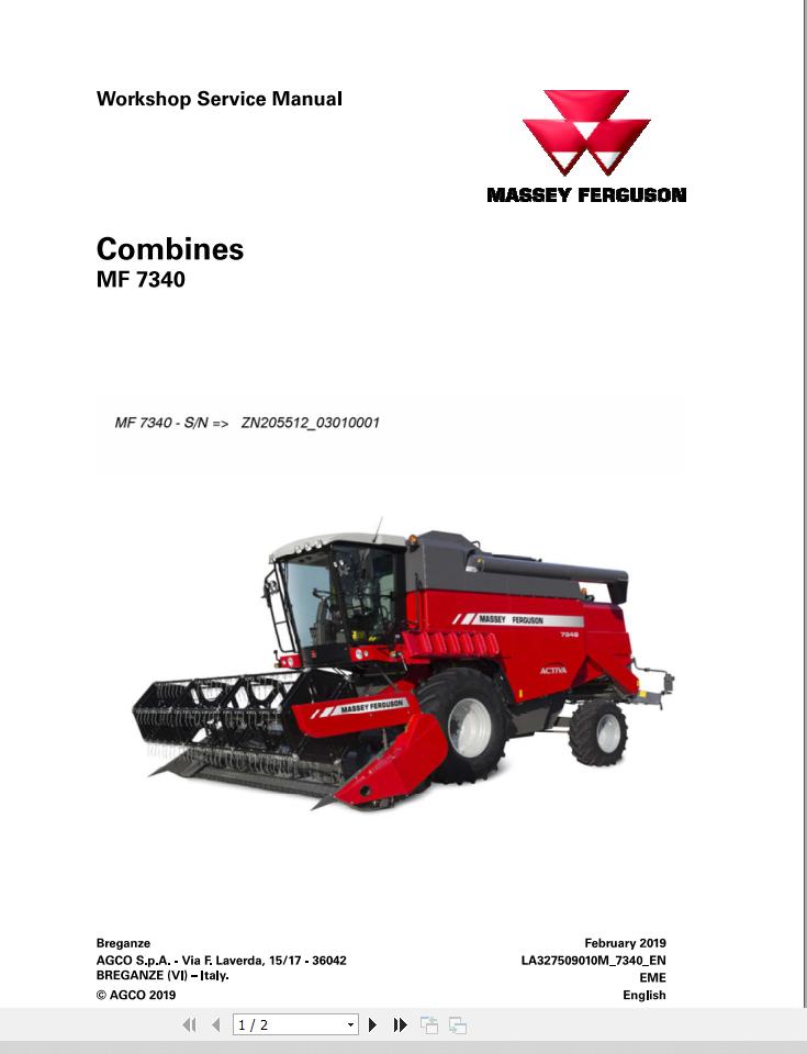 Massey Ferguson Combine 7340 Workshop Service Manual LA327509010M 1