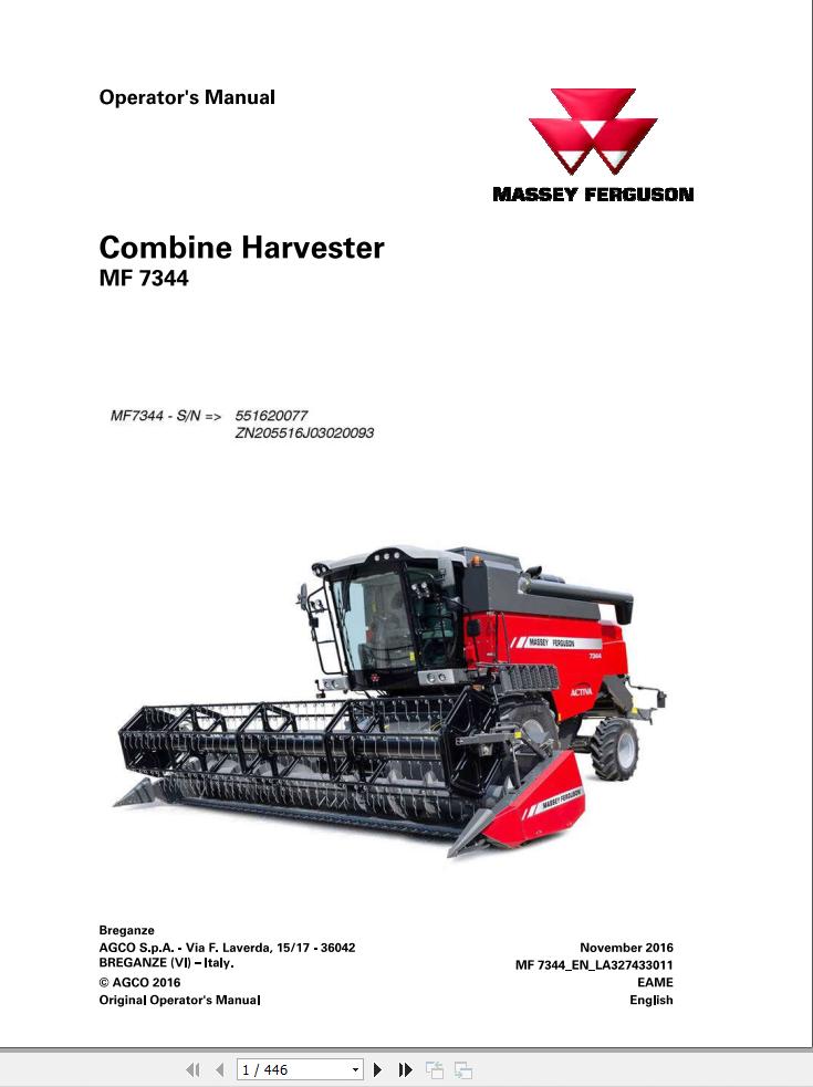 Massey Ferguson Combine 7344 Operator Manual 3274331M 1