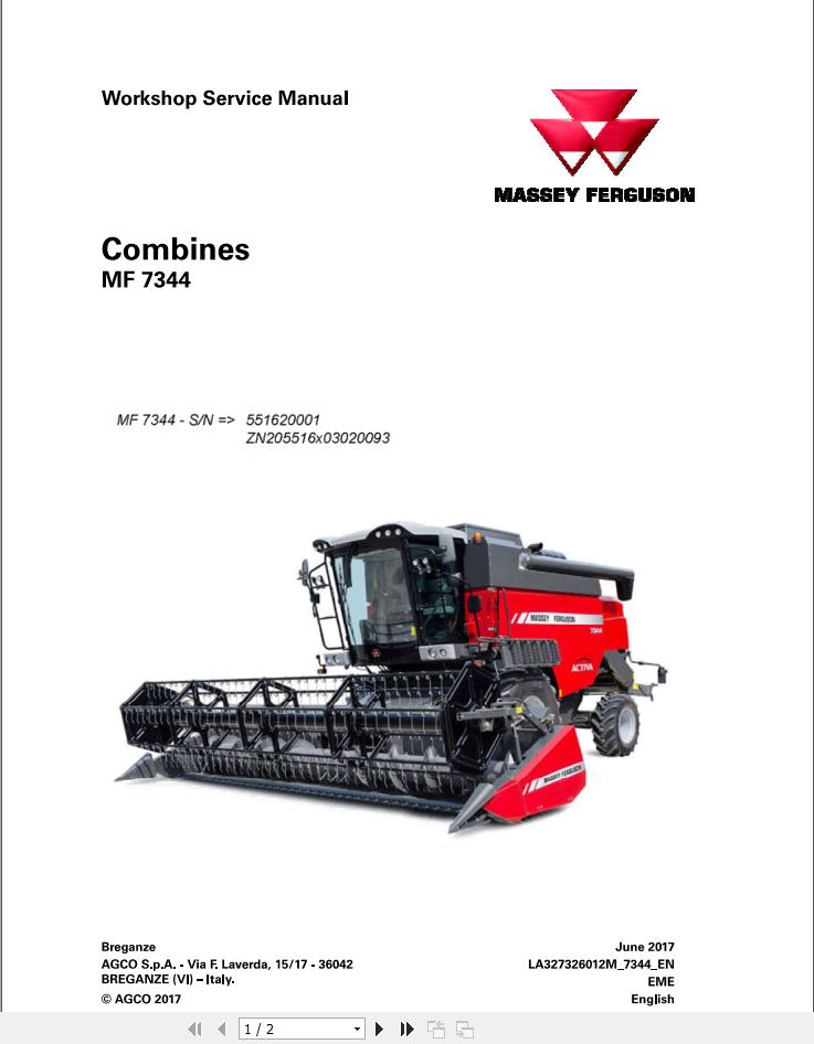Massey Ferguson Combine 7344 Workshop Service Manual LA327326012M 1