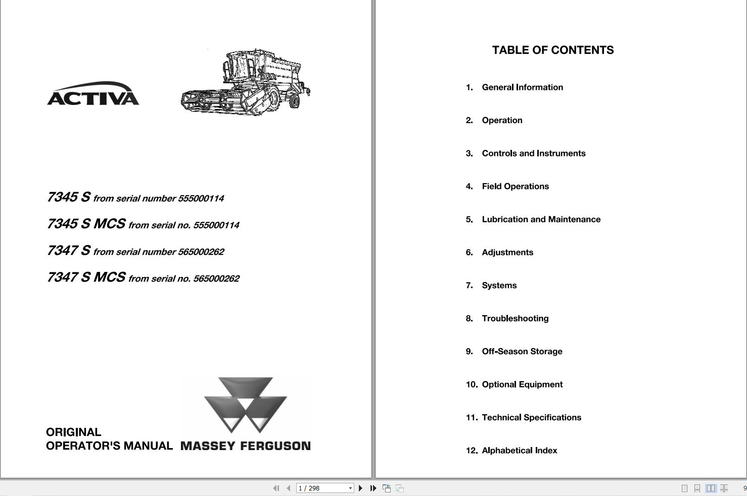 Massey Ferguson Combine 7345 7347 S MCS ACTIVA Operator Manual 1