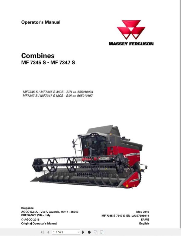 Massey Ferguson Combine 7345S to 7347SMCS Operator Manual 1