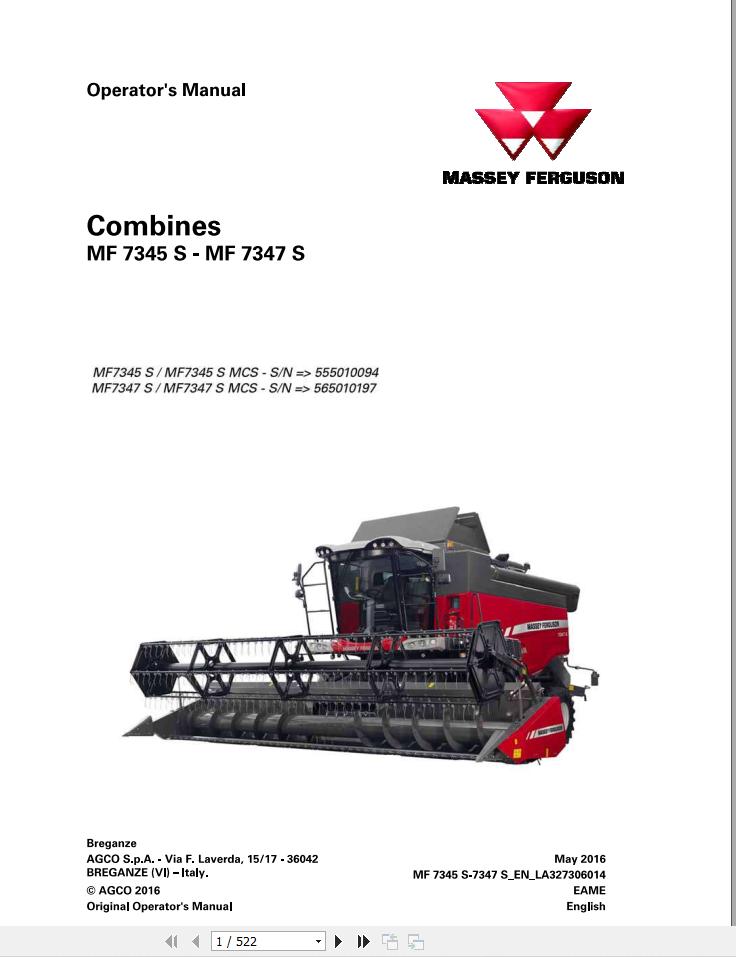 Massey Ferguson Combine 7345S to 7347SMCS Operator Manual 1