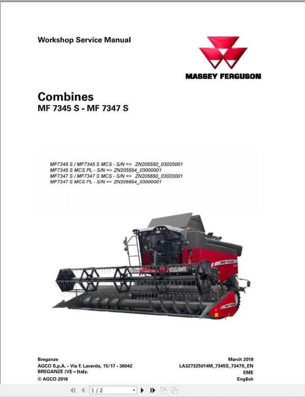 Massey Ferguson Combine 7345S to 7347SMCS PL Workshop Service Manual LA327325012M 1