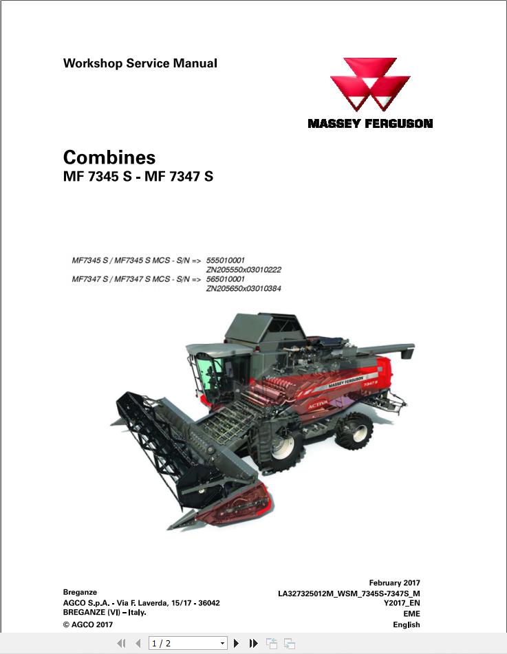 Massey Ferguson Combine 7345S to 7347SMCS Workshop Service Manual LA327325012M 1
