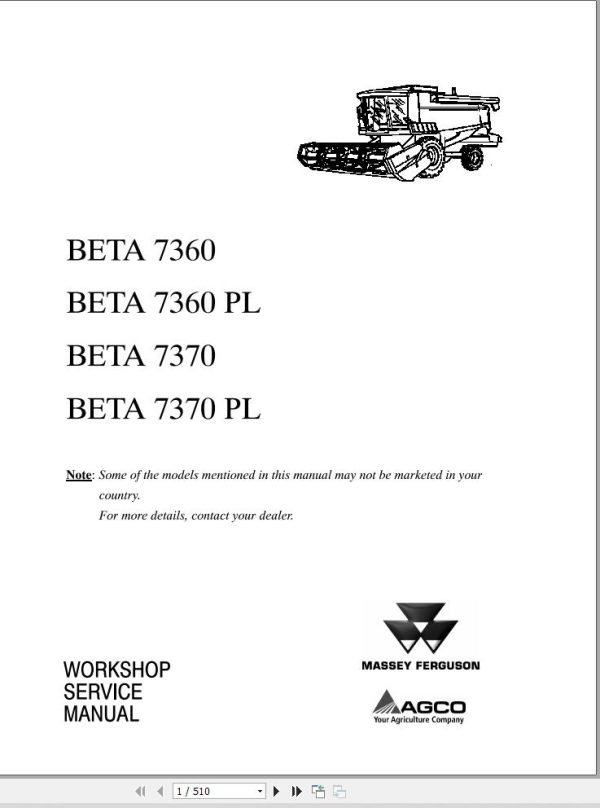 Massey Ferguson Combine 7360 to 7370PL BETA Workshop Service Manual LA327301010M 1