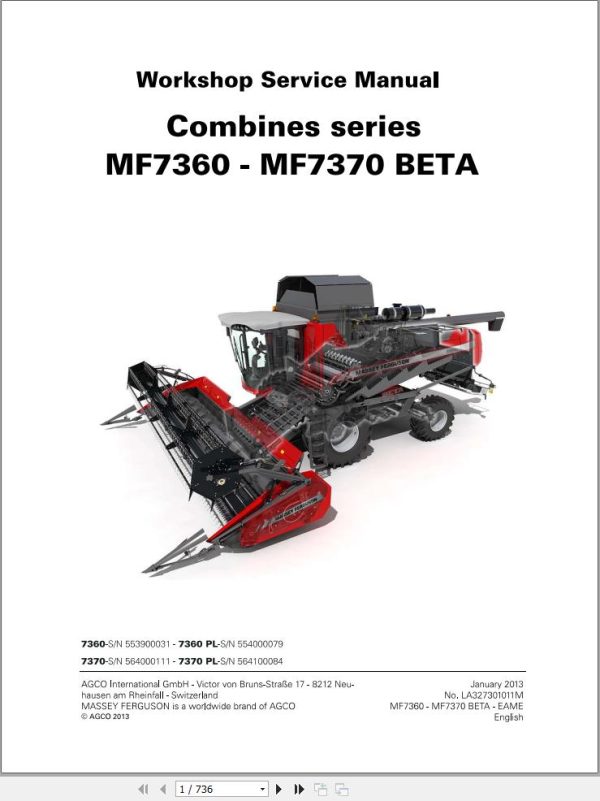 Massey Ferguson Combine 7360 to 7370PL Workshop Service Manual LA327301011M 1
