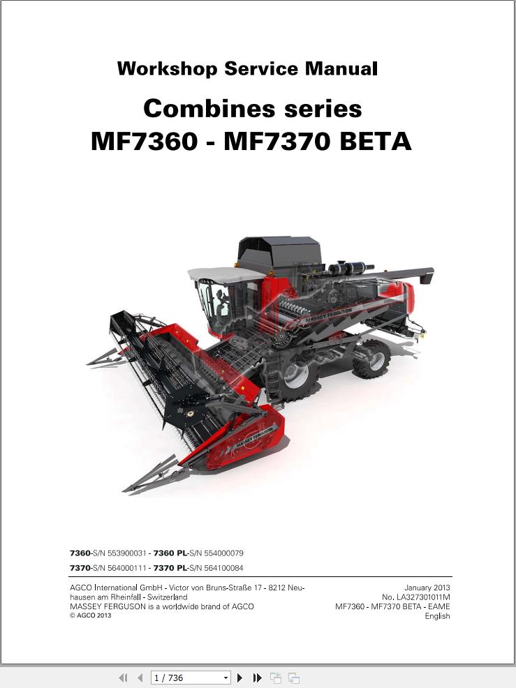 Massey Ferguson Combine 7360 to 7370PL Workshop Service Manual LA327301011M 1
