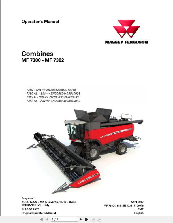 Massey Ferguson Combine 7380 7380AL 7382P 7382AL Operator Manual D3117100M5 1