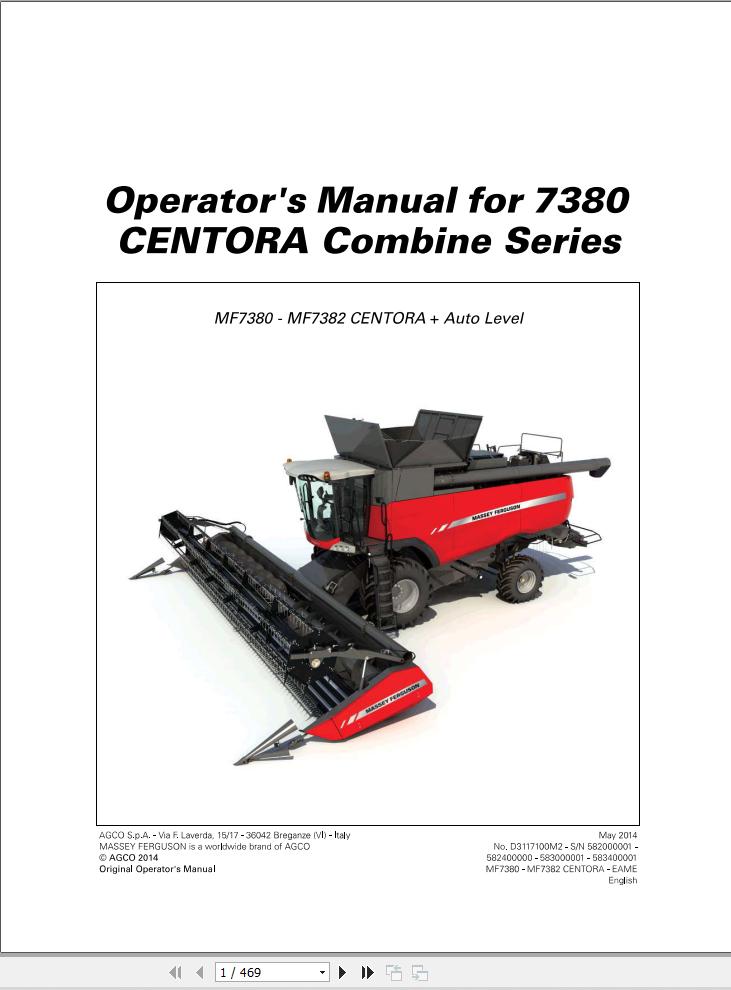 Massey Ferguson Combine 7380 CENTORA Series Operator Manual D3117100M2 1