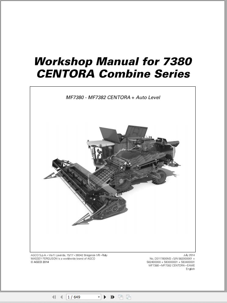Massey Ferguson Combine 7380 CENTORA Series Workshop Manual D3117800M2 1
