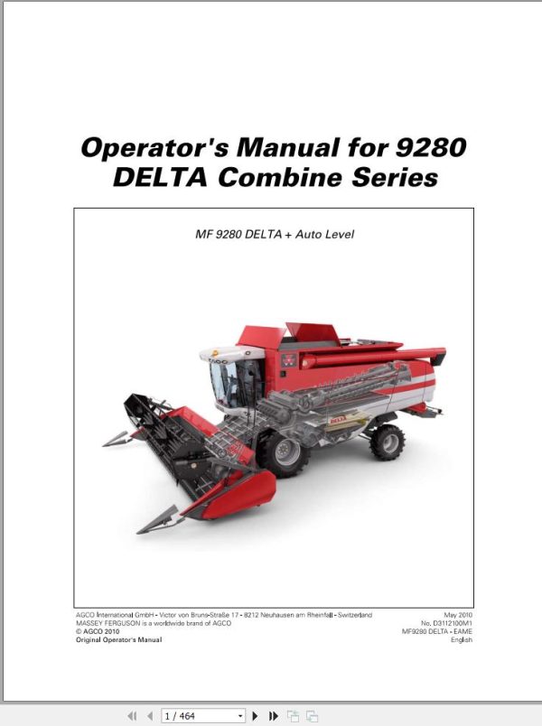 Massey Ferguson Combine 9280 DELTA Series Operator Manual 1