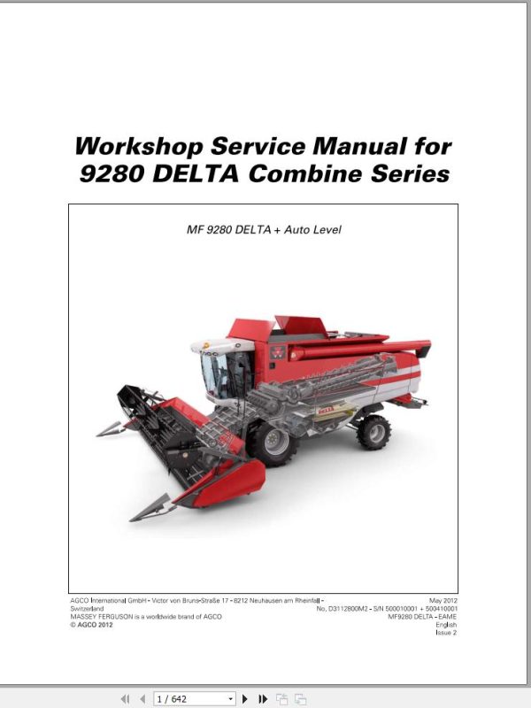 Massey Ferguson Combine 9280 DELTA Series Workshop Service Manual D3112800M2 1