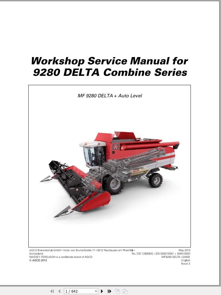 Massey Ferguson Combine 9280 DELTA Series Workshop Service Manual D3112800M2 1
