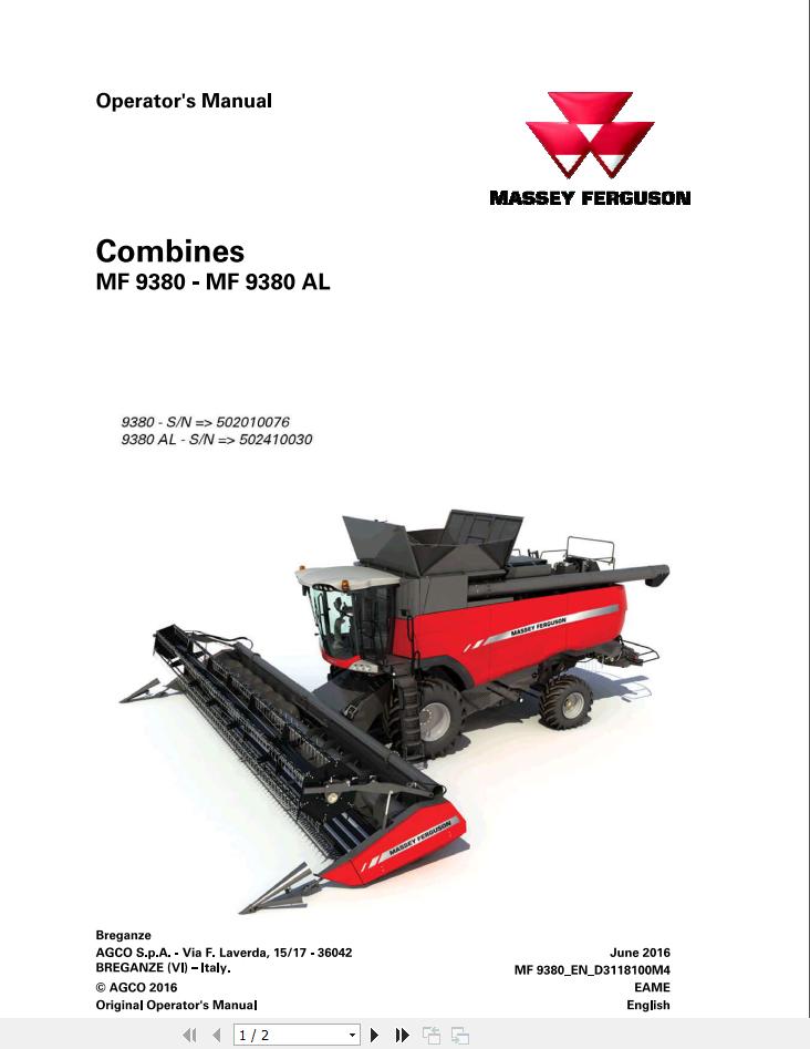 Massey Ferguson Combine 9380 9380AL Operator Manual 1