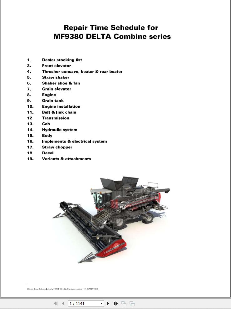 Massey Ferguson Combine 9380 DELTA Series Repair Time Schedule 327417010 1