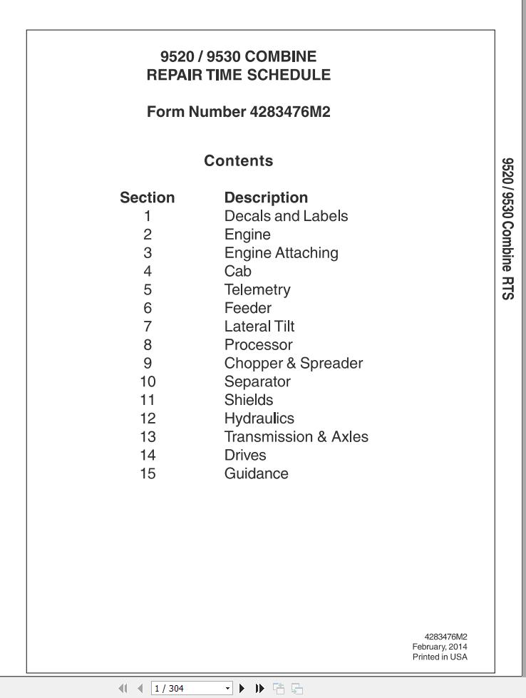 Massey Ferguson Combine 9520 9530 Repair Time Schedule 4283476M2 1