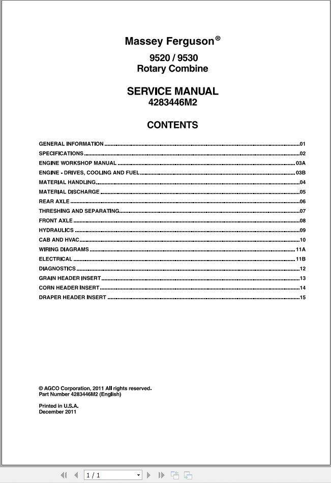 Massey Ferguson Combine 9520 9530 Service Manual 4283446M2 1