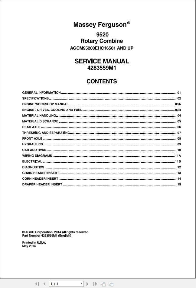 Massey Ferguson Combine 9520 Service Manual 4283559M1 1