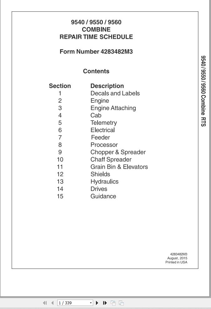 Massey Ferguson Combine 9540 9550 9560 Repair Time Schedule 4283482M3 1