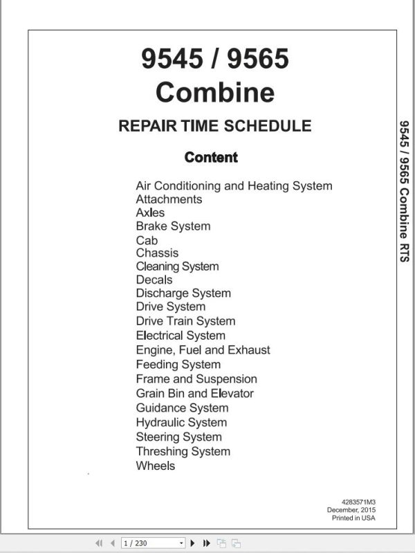 Massey Ferguson Combine 9545 9565 Repair Time Schedule 4283571M3 1