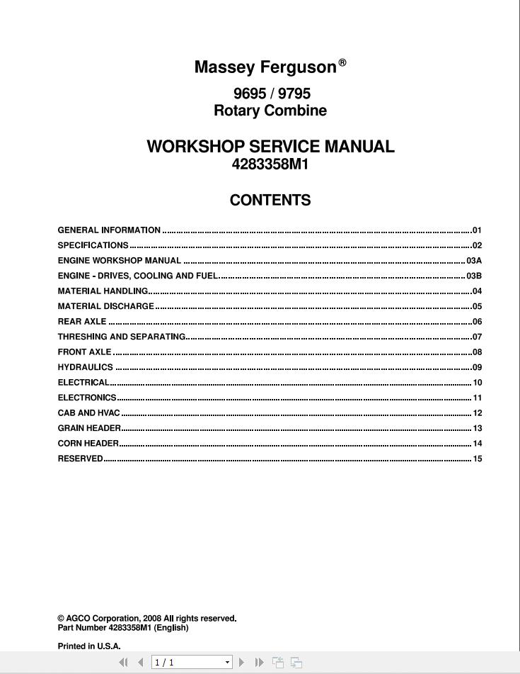 Massey Ferguson Combine 9695 9795 Workshop Service Manual 4283358M1 1