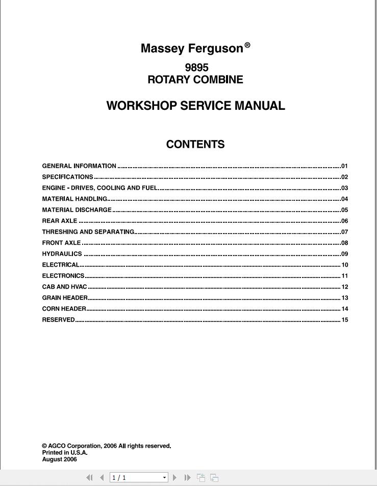 Massey Ferguson Combine 9895 Workshop Manual 1
