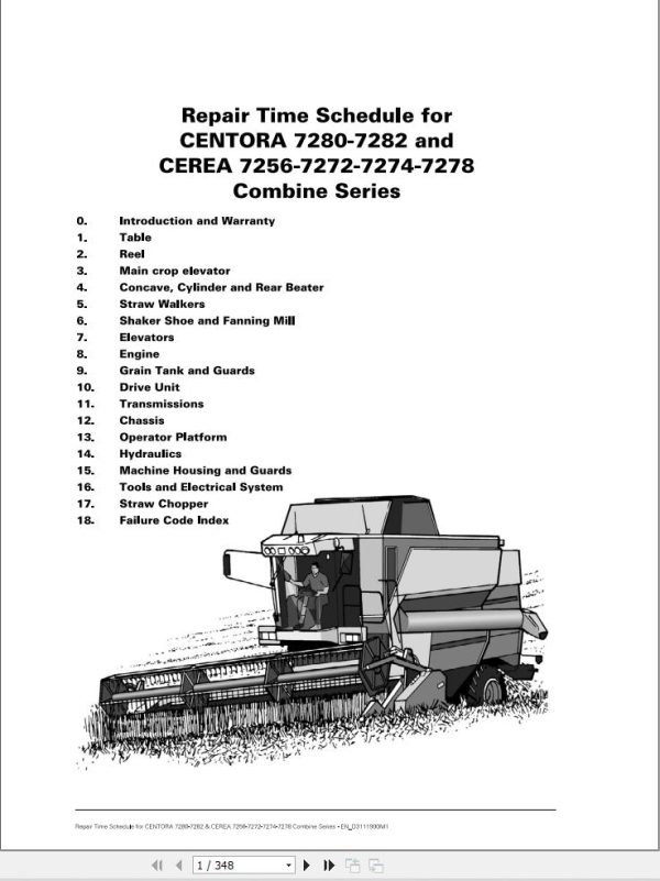 Massey Ferguson Combine CENTORA 7280 to CEREA 7278 Repair Time Schedule D3111900M1 1