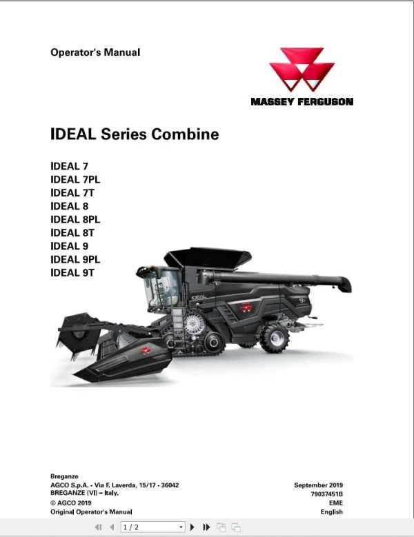 Massey Ferguson Combine Ideal 7 8 9 7T 8T 9T 7PL 8PL 9PL Operator Manual 1
