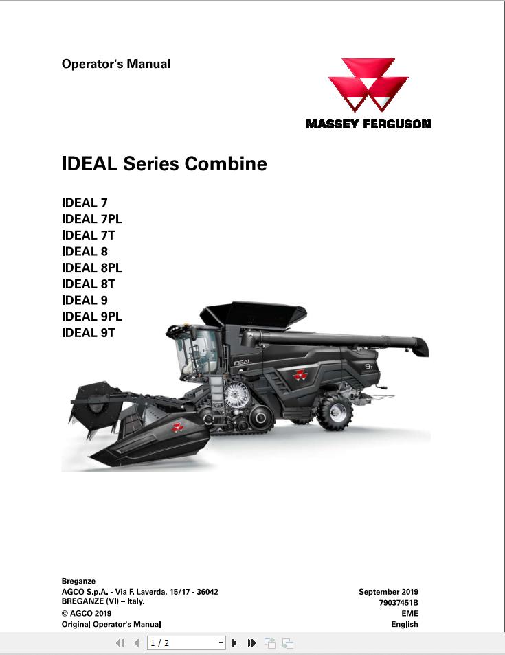 Massey Ferguson Combine Ideal 7 8 9 7T 8T 9T 7PL 8PL 9PL Operator Manual 1