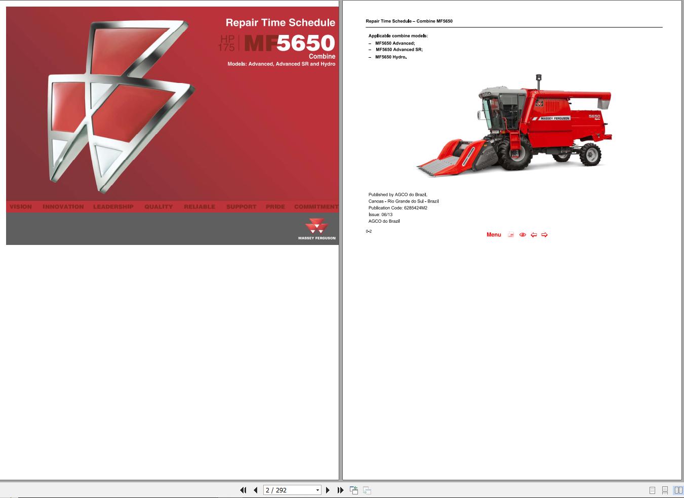 Massey Ferguson Combine MF5650 Repair Time Schedule 6285424M2 1