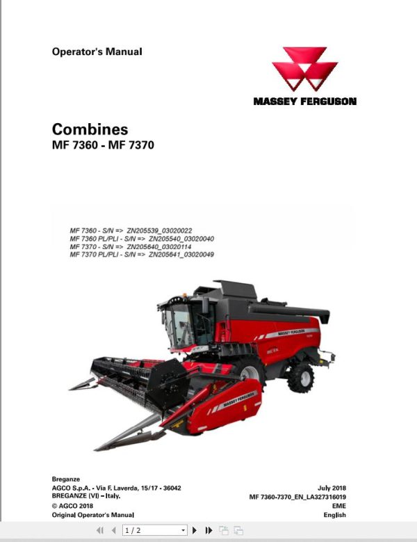 Massey Ferguson Combine MF7360 MF7370 Operator Manual LA327316019 1