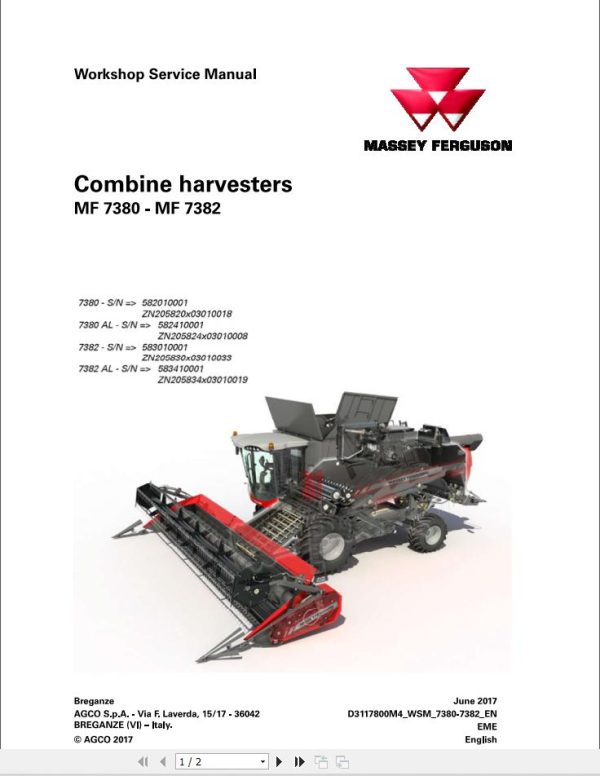 Massey Ferguson Combine MF7380 MF7382 Workshop Service Manual D3117800M4 1