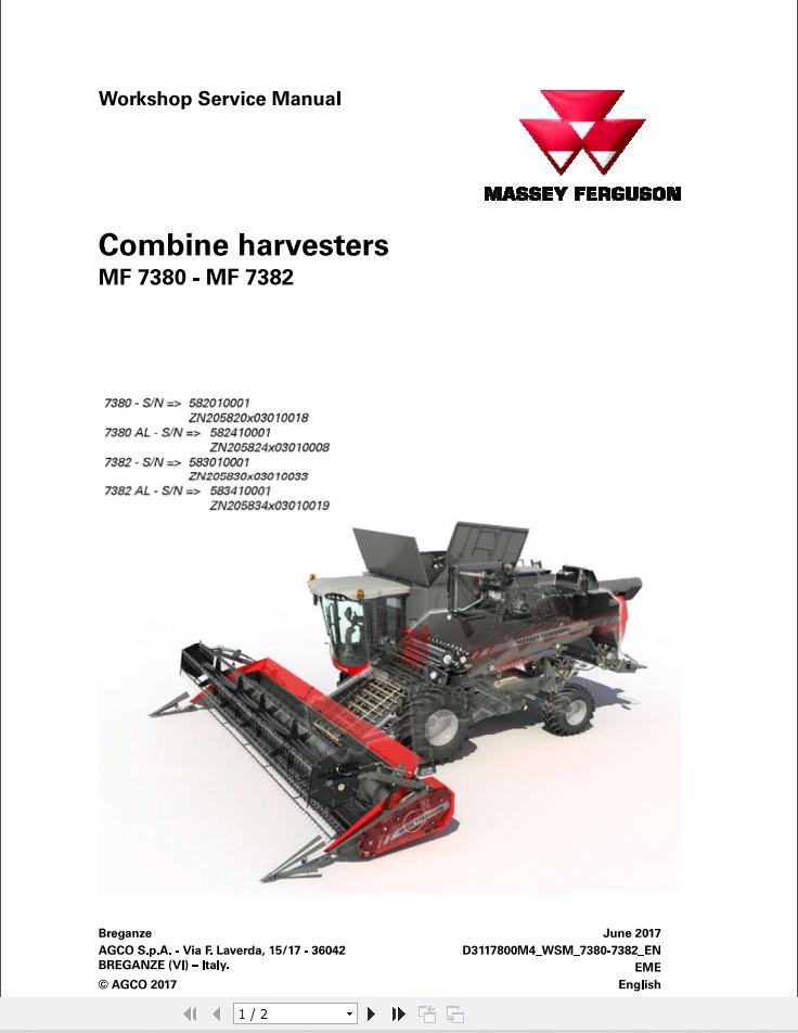 Massey Ferguson Combine MF7380 MF7382 Workshop Service Manual D3117800M4 1