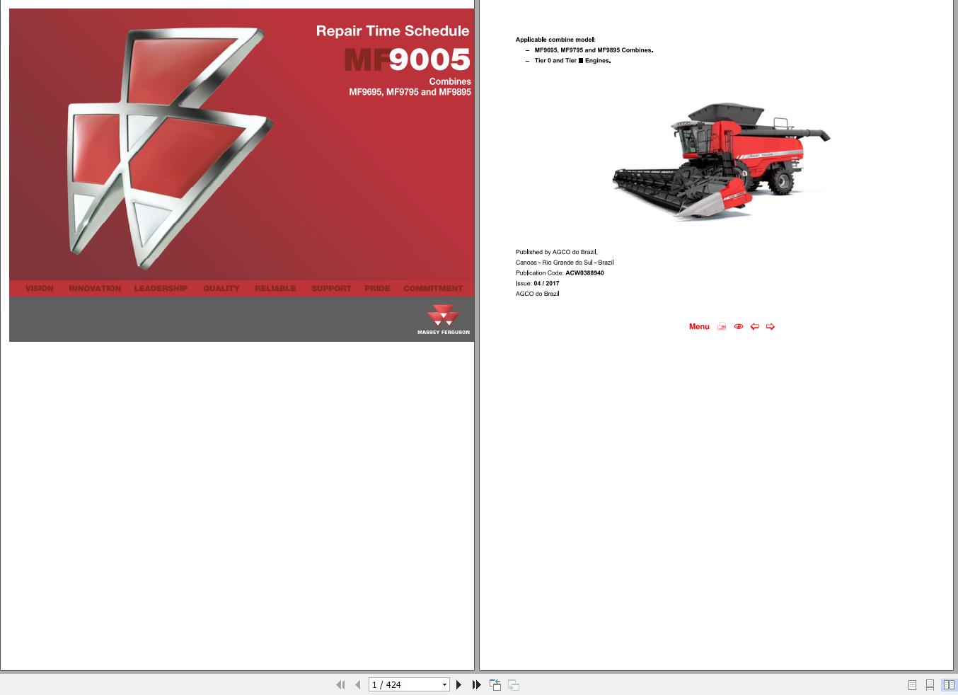 Massey Ferguson Combine MF9695 MF9795 MF9895 Repair Time Schedule ACW0388940 1