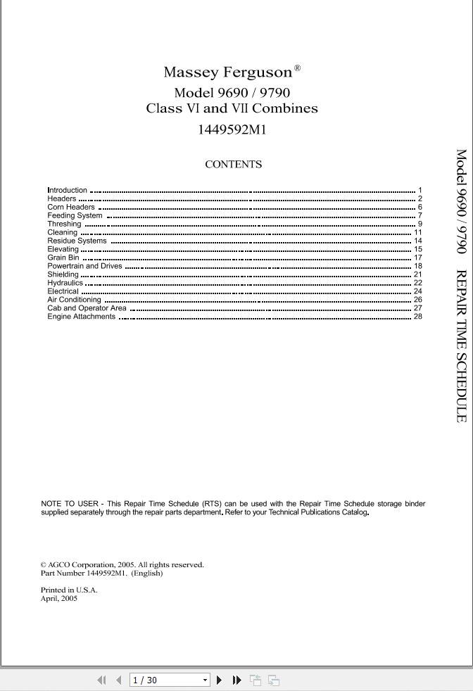 Massey Ferguson Combines 9690 9790 Repair Time Schedule 1449592M1 1